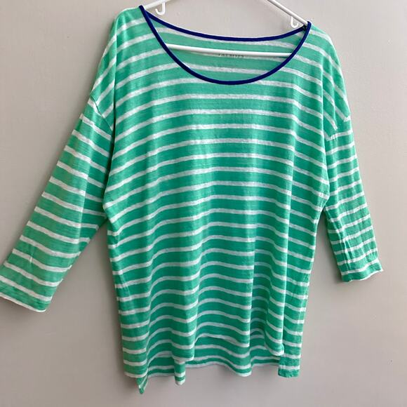 Talbots Linen Lightweight Summer Top Scoop Neck 3/4 Sleeve Green White Stripe X - Picture 5 of 10